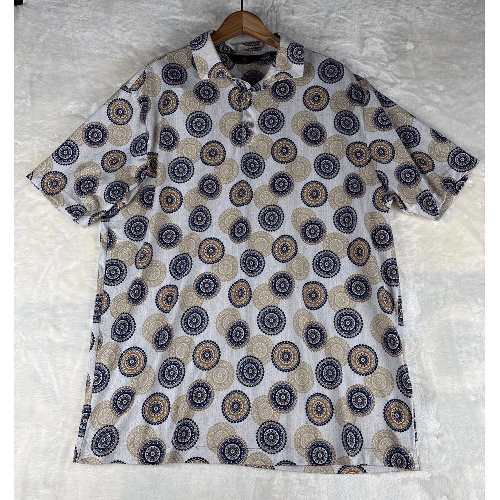 HART SCHAFFNER MARX Mens L Polo Shirt All Over Coin Geometric Print Festival 90s